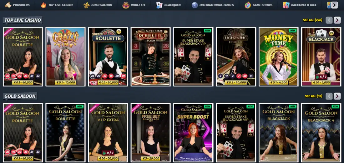 Jogos de cassino ao vivo AllySpin e lobby de jogos de mesa.